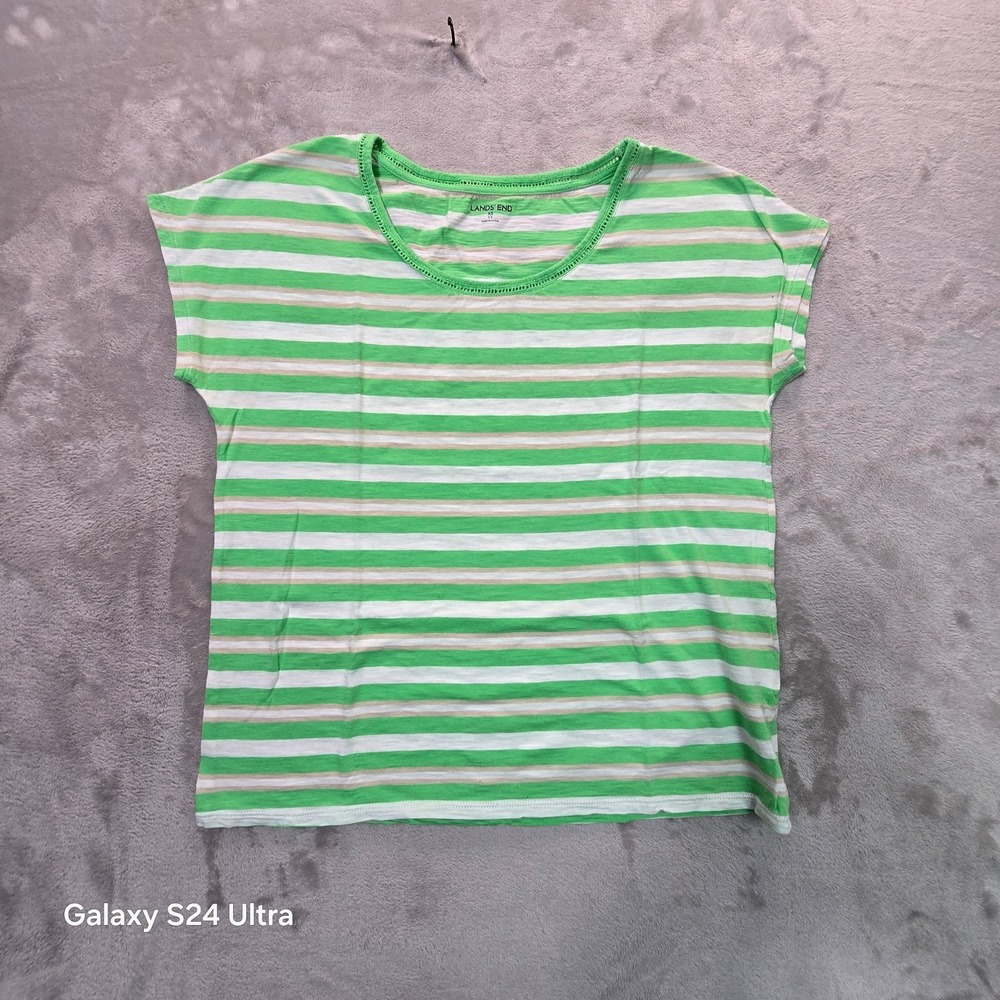 Lands End T-Shirt Womens XS 2-4 White Green Striped Cotton Modal Dolman Sleeve